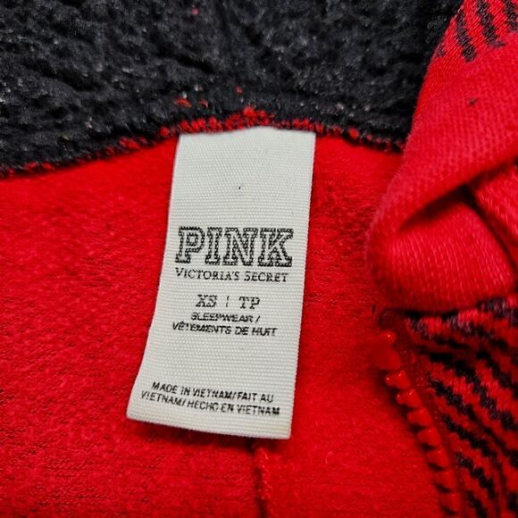 Victoria Secret PINK Red Buffalo Plaid Hooded Sherpa Long Jane One-Piece PJ XS - Picture 5 of 7